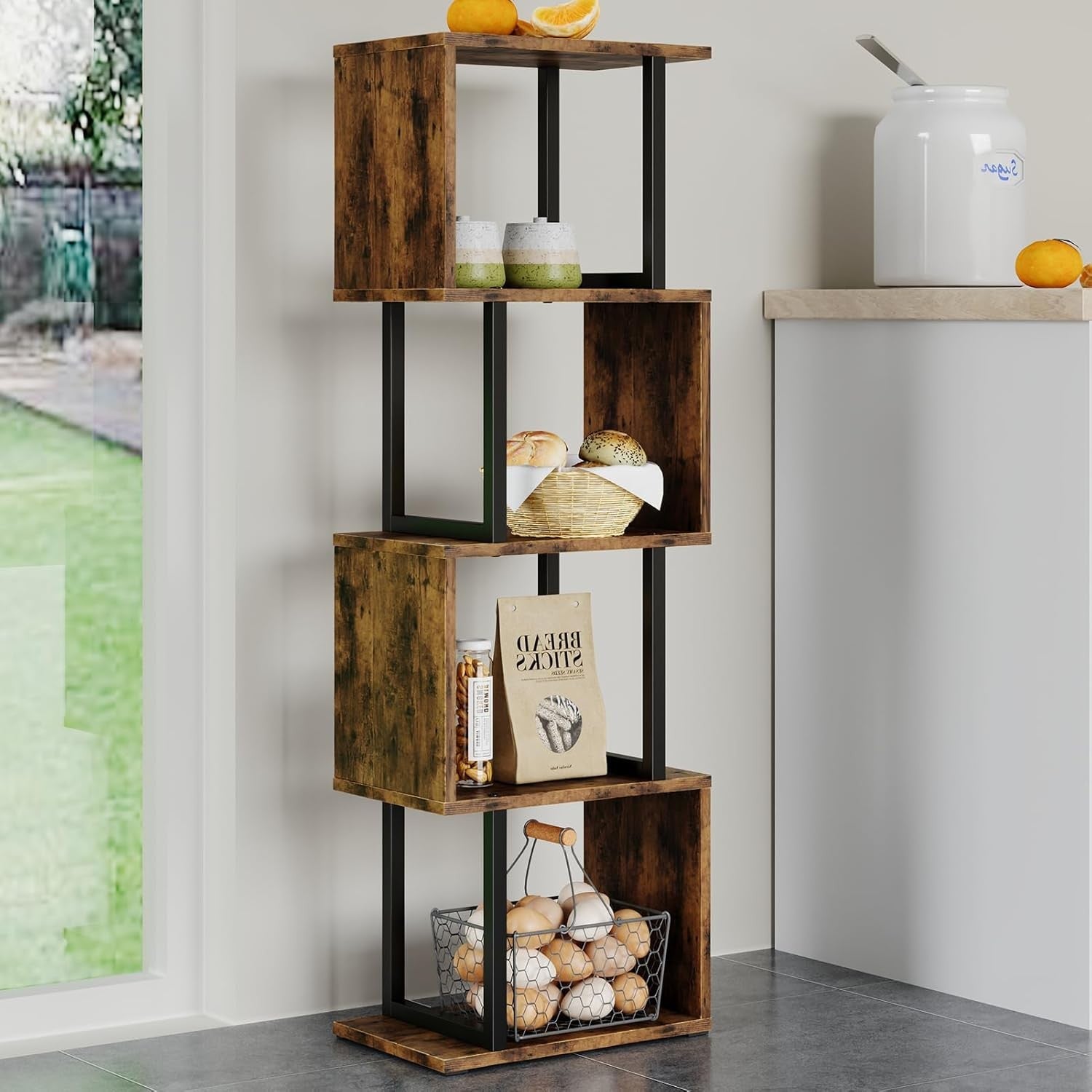 5-Tier S-Shaped Bookcase with LED Lights Rustic Brown Display Storage Shelf Unit