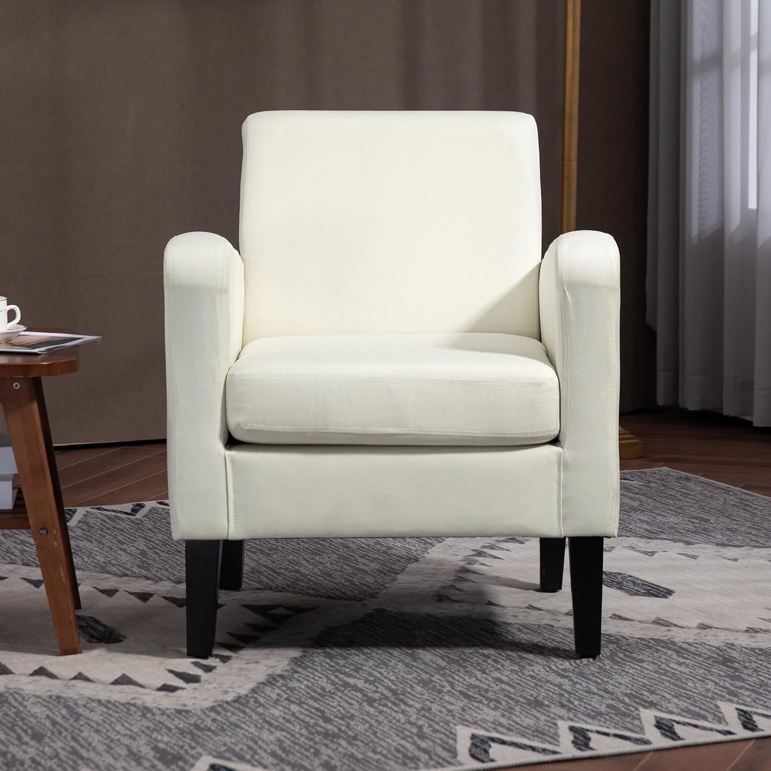 Modern Linen Accent Armchair Spring Seat Wood Legs Cream