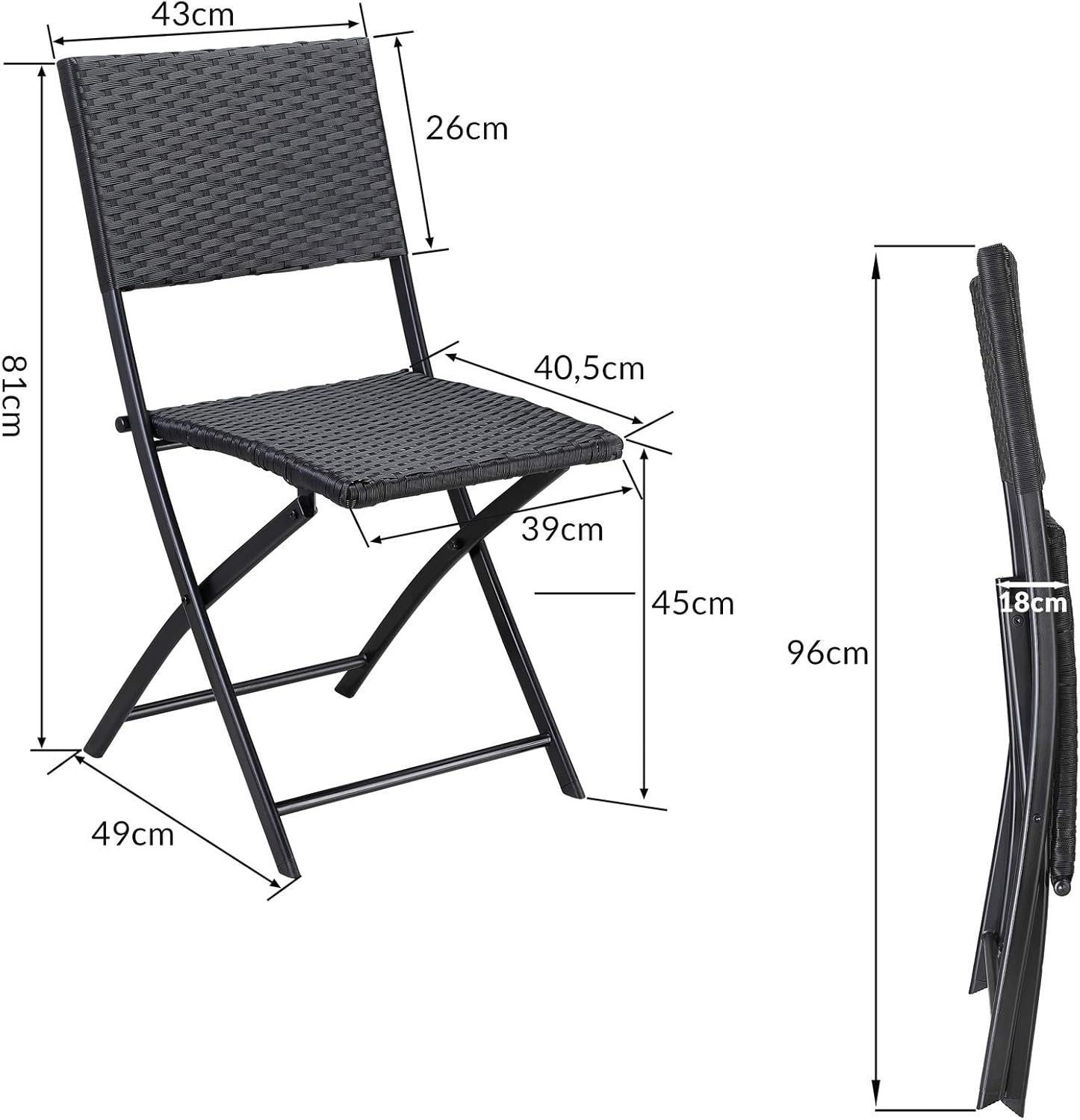 Black Folding Rattan Chairs Set of 2 Weatherproof Patio Balcony Bistro Seats