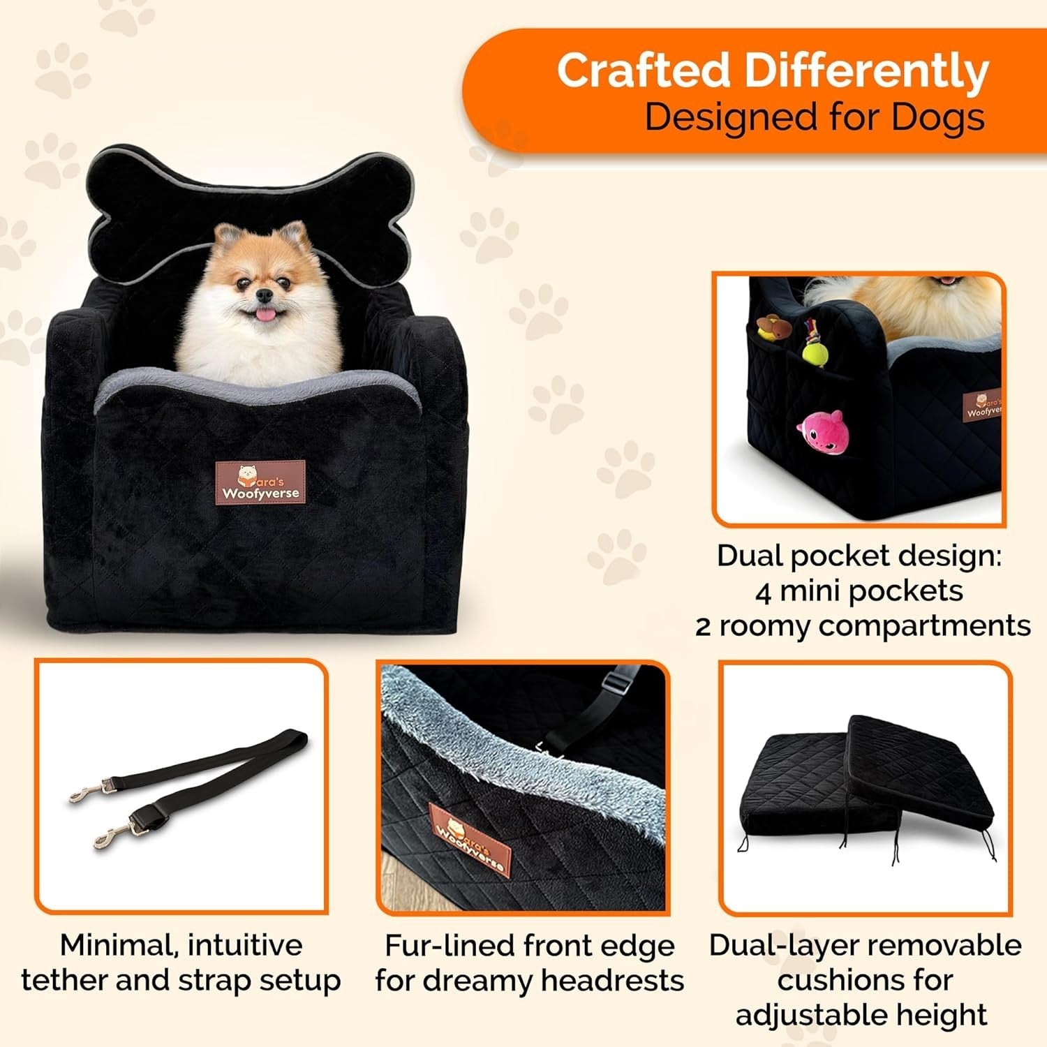 Luxury Dog Car Booster Seat Elevated Travel Bed Safety Tether Storage
