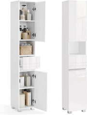 Tall Slim Bathroom Storage Cabinet White Cupboard with Drawer & Shelves
