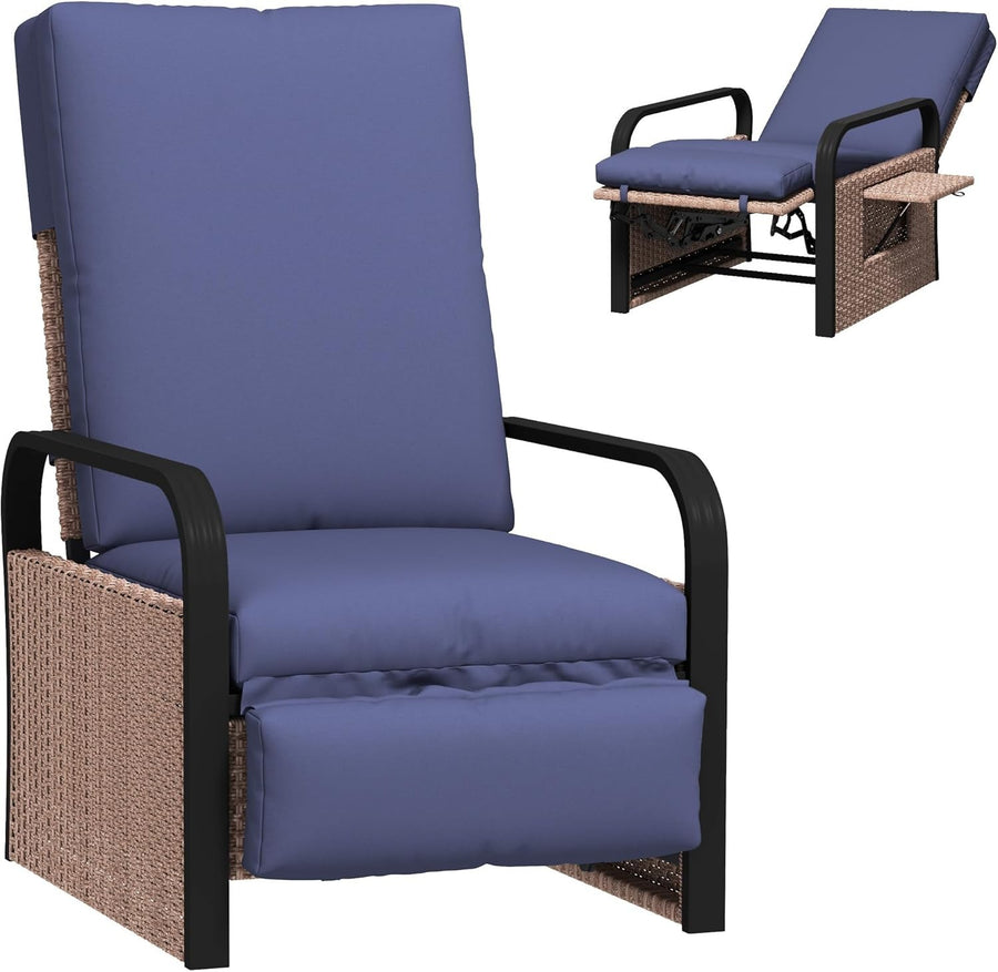 Outdoor Rattan Recliner Chair Adjustable Backrest Footrest Side Table