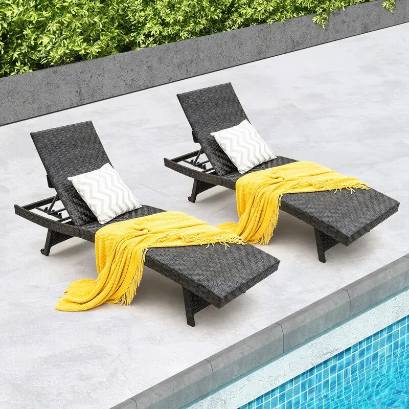 Folding Rattan Sun Lounger with Adjustable Backrest & Wheels – Outdoor Recliner