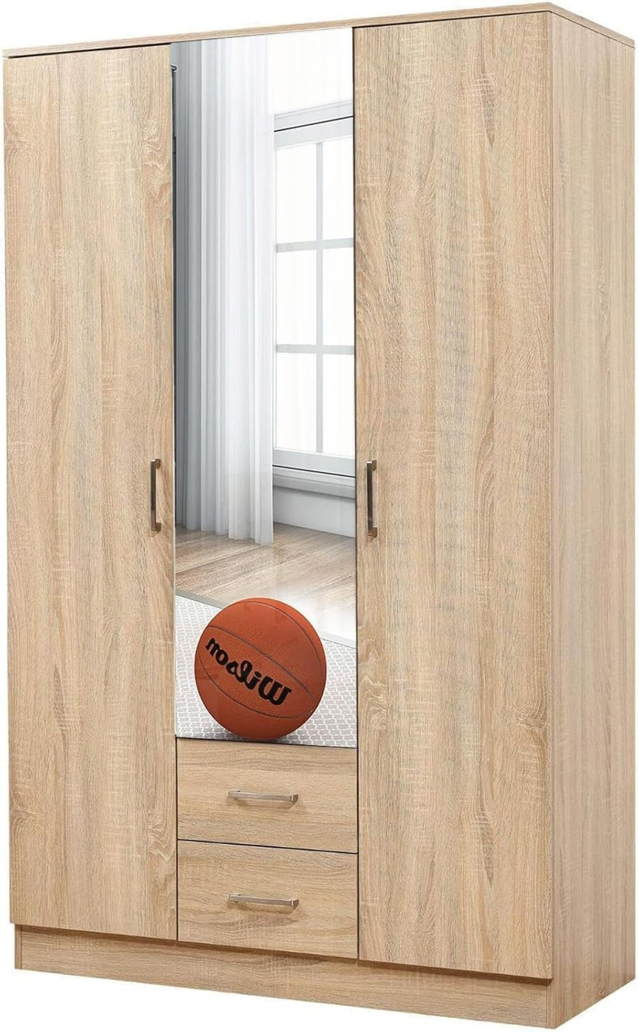 3 Door Wardrobe Mirror Soft Close Drawers Oak Finish Bedroom Storage