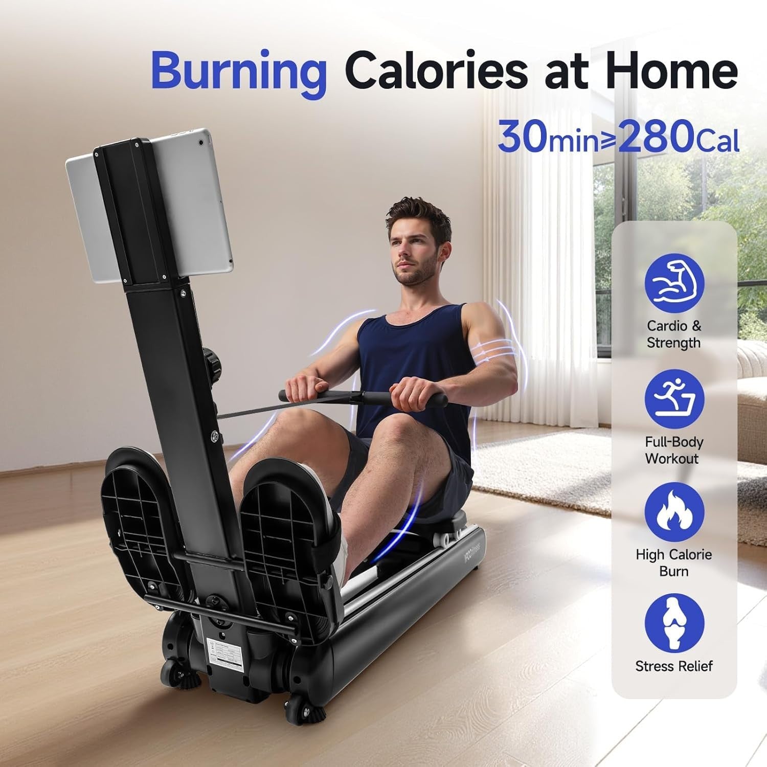 Foldable Magnetic Rowing Machine Quiet 16-Level Dual Rail App LCD Home Rower