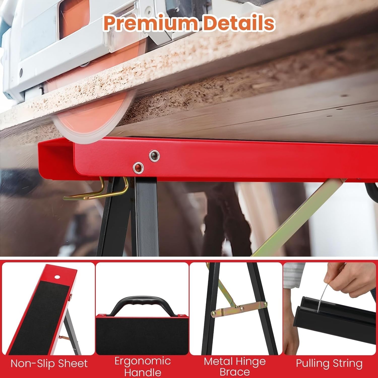 Folding Saw Horses 375kg Pair Heavy Duty Galvanized Metal Stands Non-Slip Red