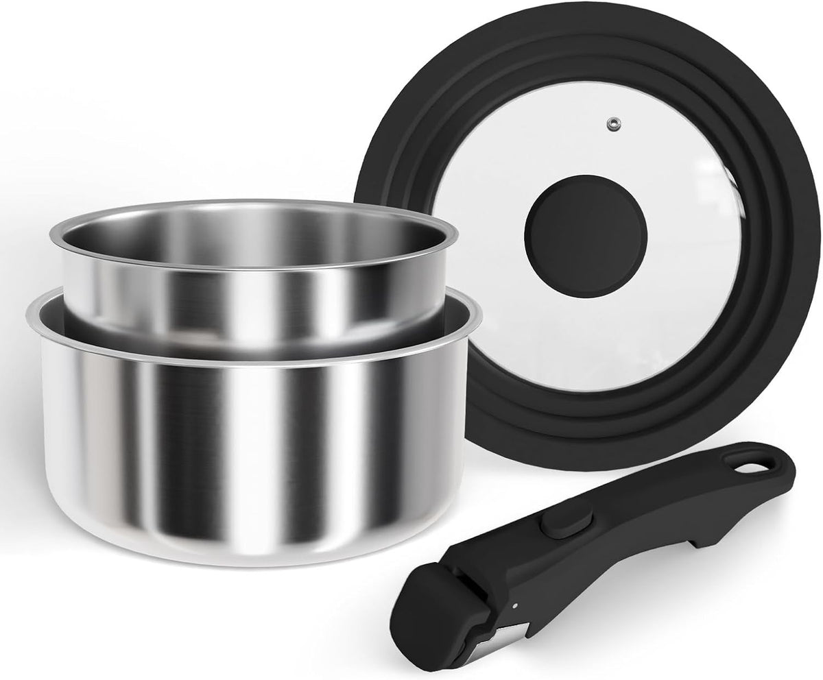 4Pcs Stainless Steel Saucepan Set with Removable Handle & Silicone Lid – 18 20cm