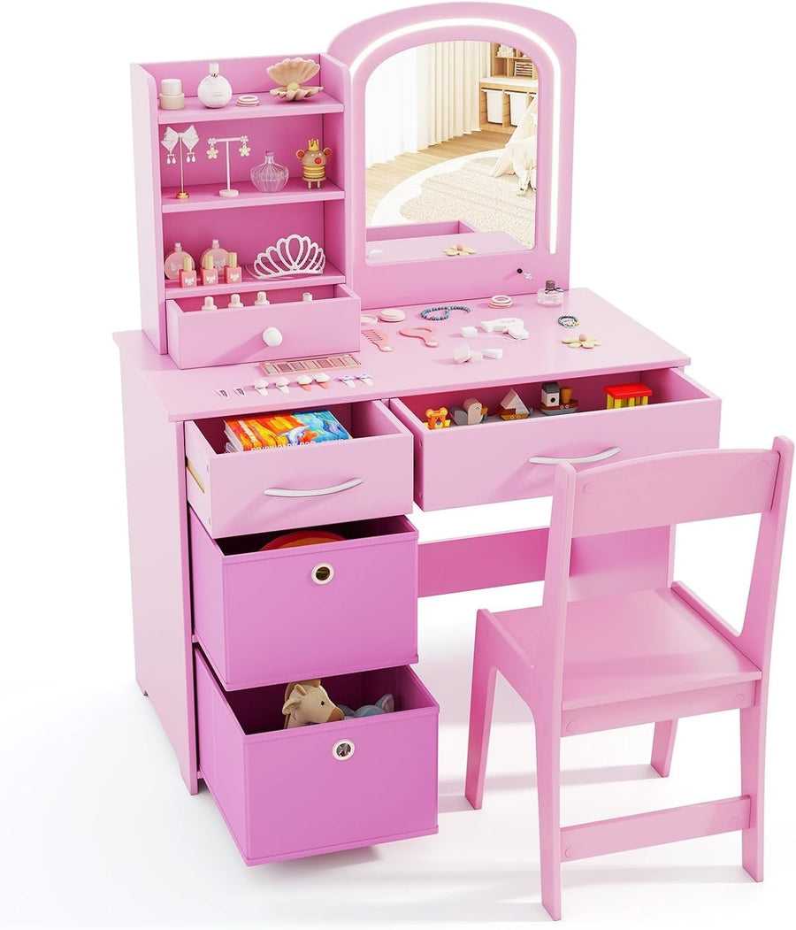 Kids Vanity Table Set Pink Girls Dressing Stool LED Mirror Storage Safe