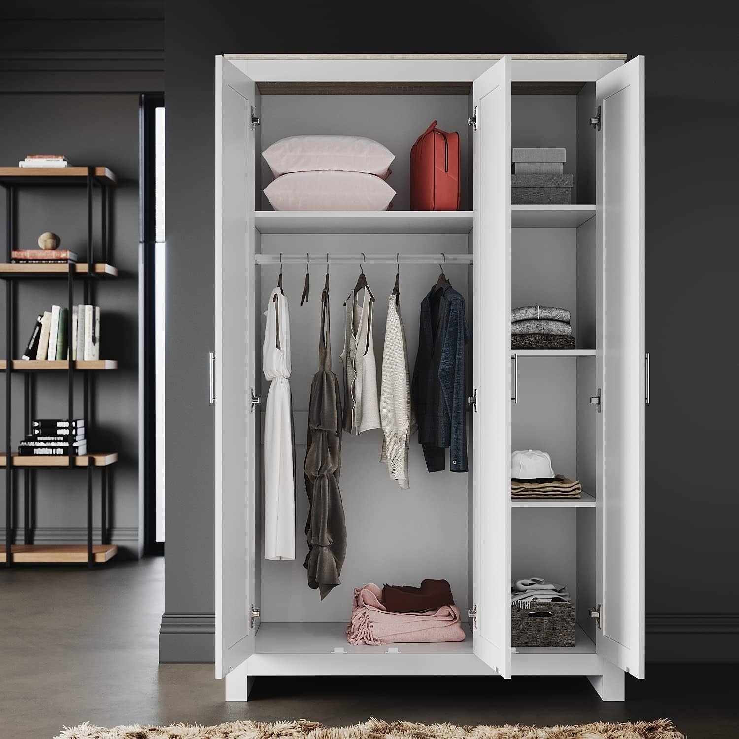 3-Door Wooden Wardrobe with Hanging Rail & 4 Shelves – Durable Storage