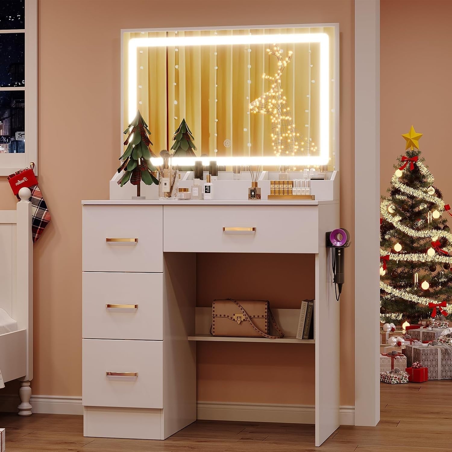 White Modern Vanity Desk w/Lighted Mirror Stool UK Plug 4 Drawers Study Table