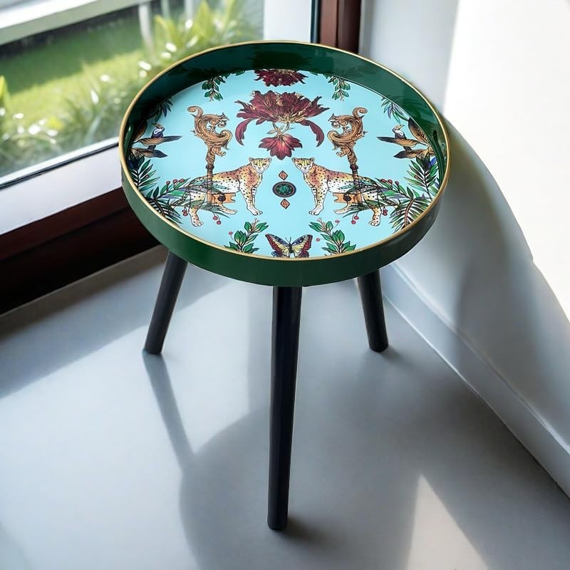 Round Side Table with Detachable Legs – 50x38x38cm Green Leopard
