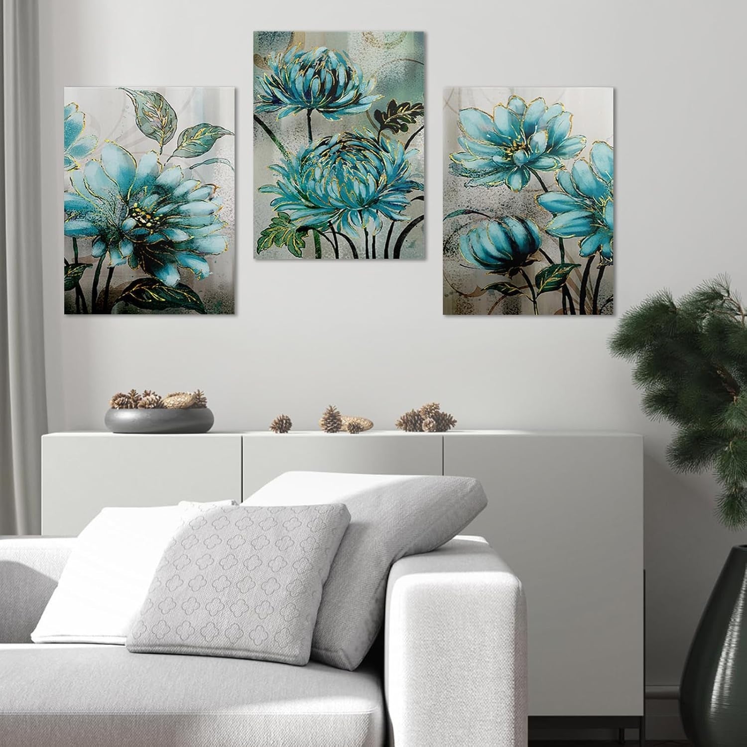 Framed Blue Floral Canvas Wall Art Set of 3 16x12 Modern Decor