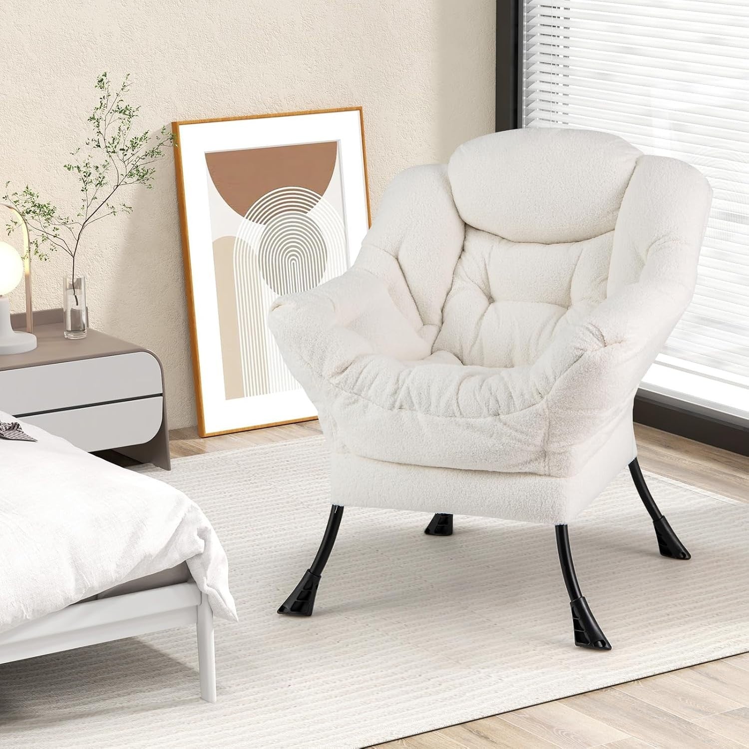 Beige Sherpa Armchair Comfy Lounge Reading Chair Sofa w/ Side Pocket