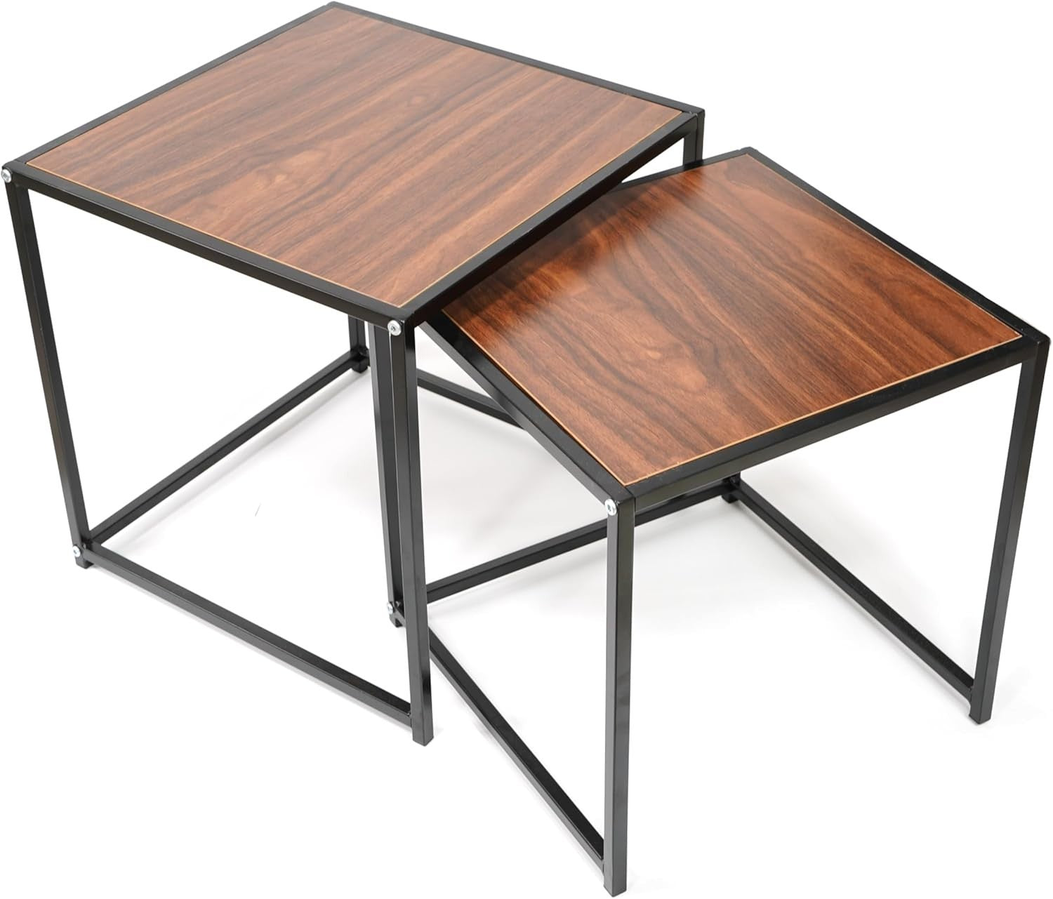 Space-Saving Nesting End Tables Set of 2 Rustic Wood Metal Side Coffee Table