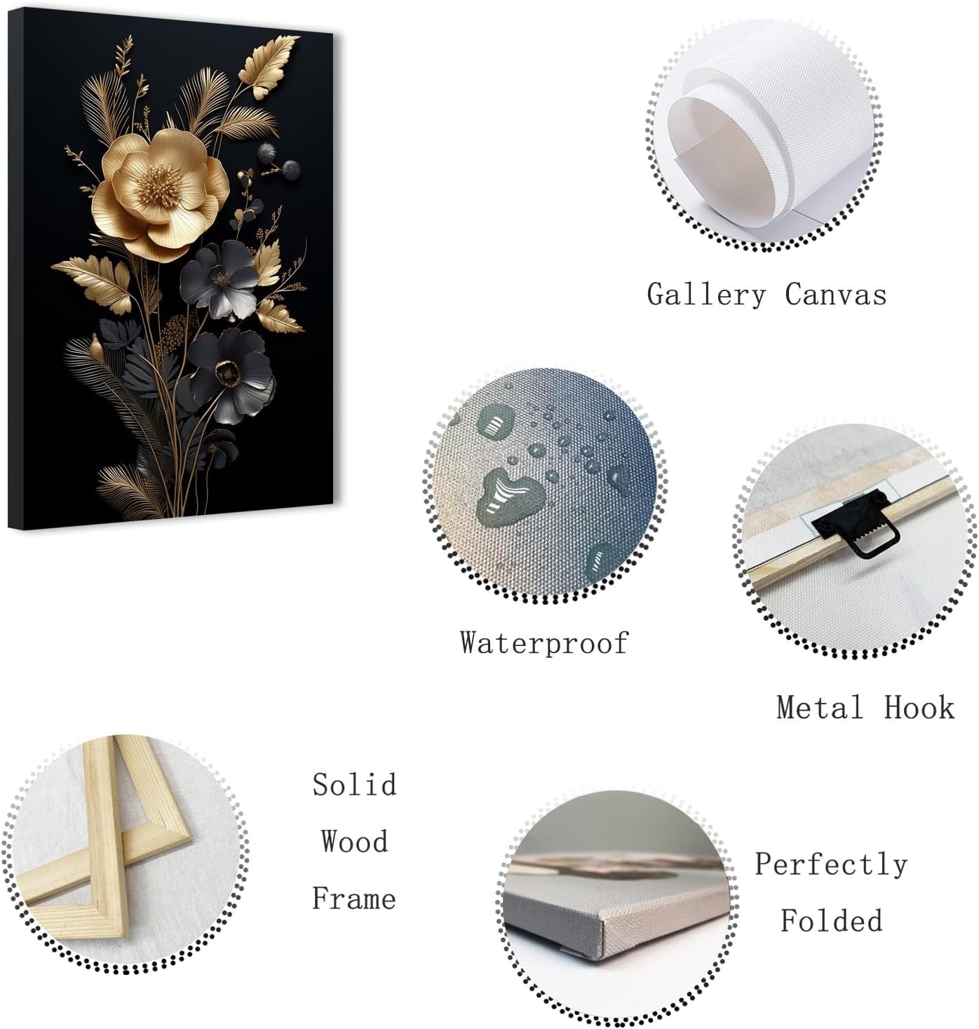 Black Gold Floral Canvas Wall Art Framed 16x24in