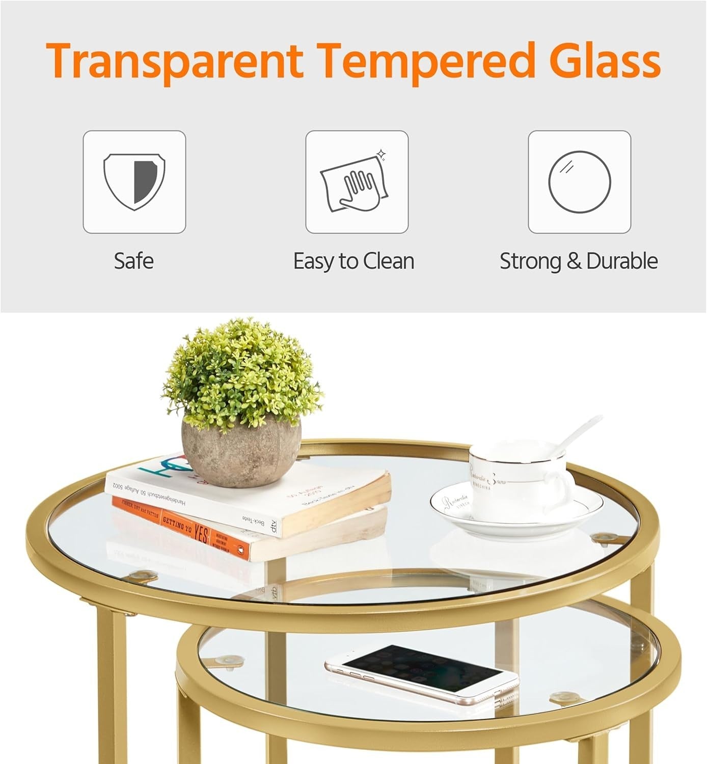 Nesting End Table Set of 2 Gold Round Accent Side Tables Tempered Glass Metal