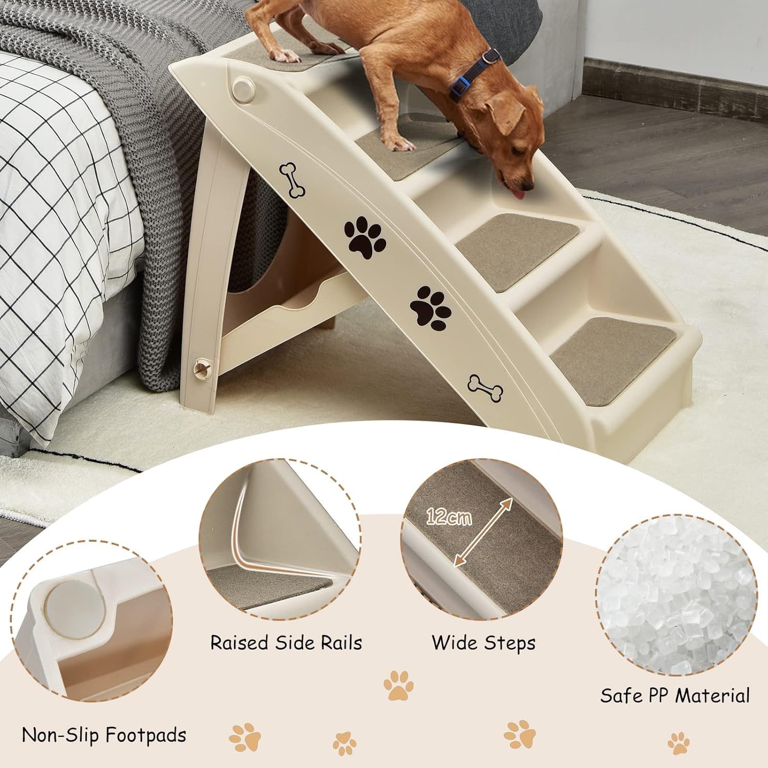 Foldable Portable Dog & Cat Pet Steps – 4‑Step Non‑Slip Felt Pet Ramp (Beige)