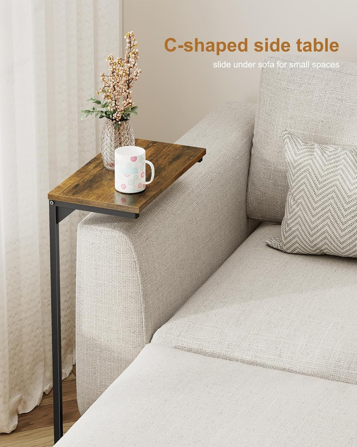 Space-Saving C-Shaped Side Table, Tall Slim Couch Table with Adjustable Feet