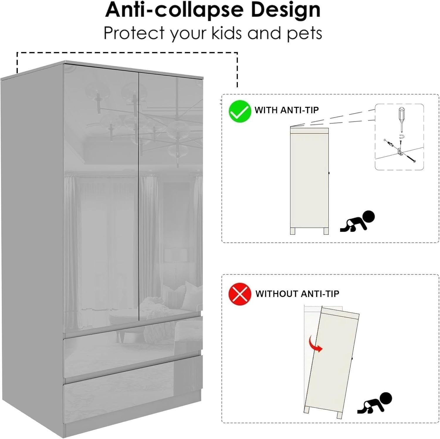 Grey High Gloss Wardrobe 2 Door 2 Drawer Hanging Rail Bedroom Storage