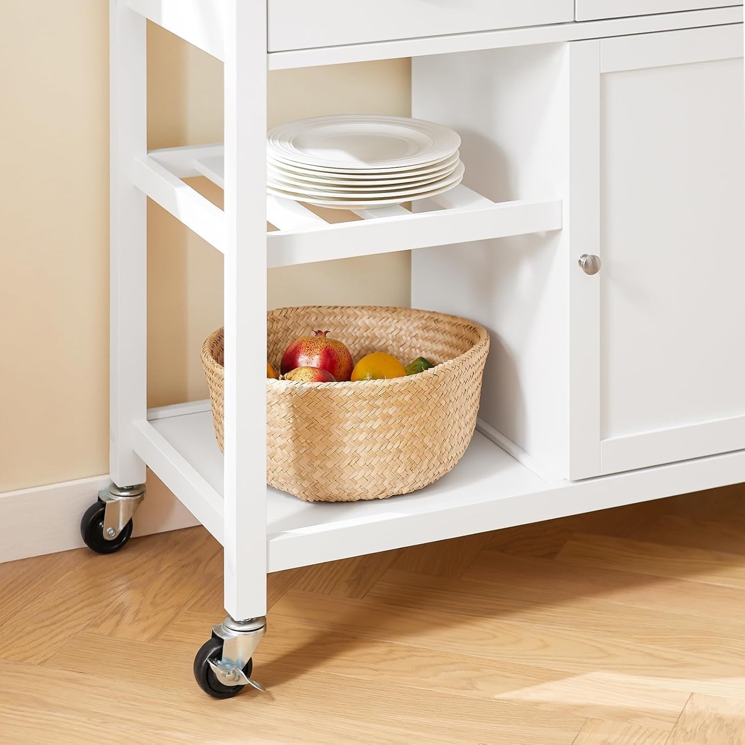 Kitchen Storage Trolley with Drawers & Adjustable Shelf White-Natural 87x48cm