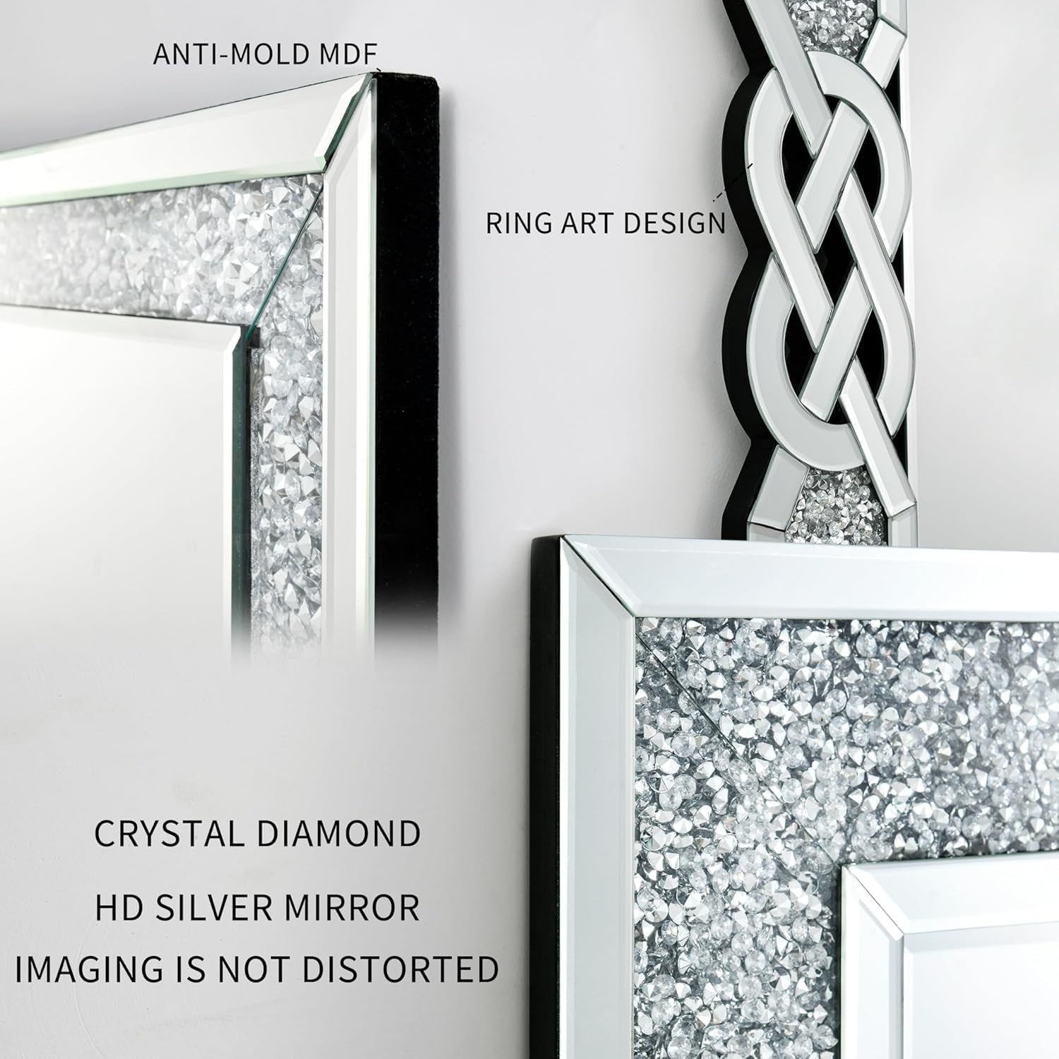 Large 120x80cm Silver Crushed Diamond Wall Mirror with Art Deco Frame
