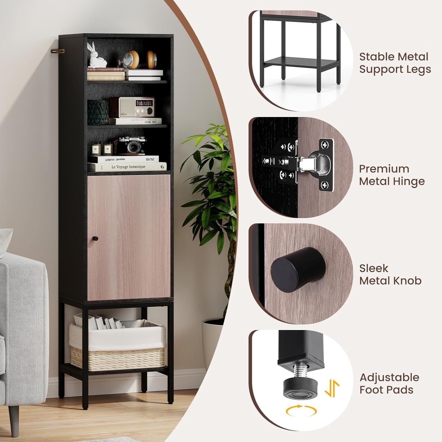 146cm Tall Wooden Storage Cabinet Black Adjustable Shelves Slim Cupboard