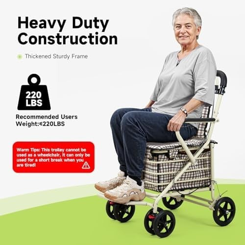 Walk & Rest Shopping Trolley with Seat 27L Foldable 4 Wheel Brakes White