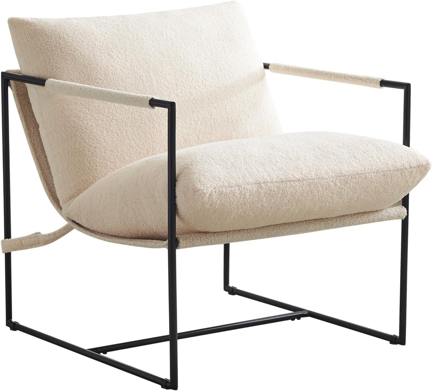 Grey Modern Lounge Sling Chair Boucle Fabric Metal Frame