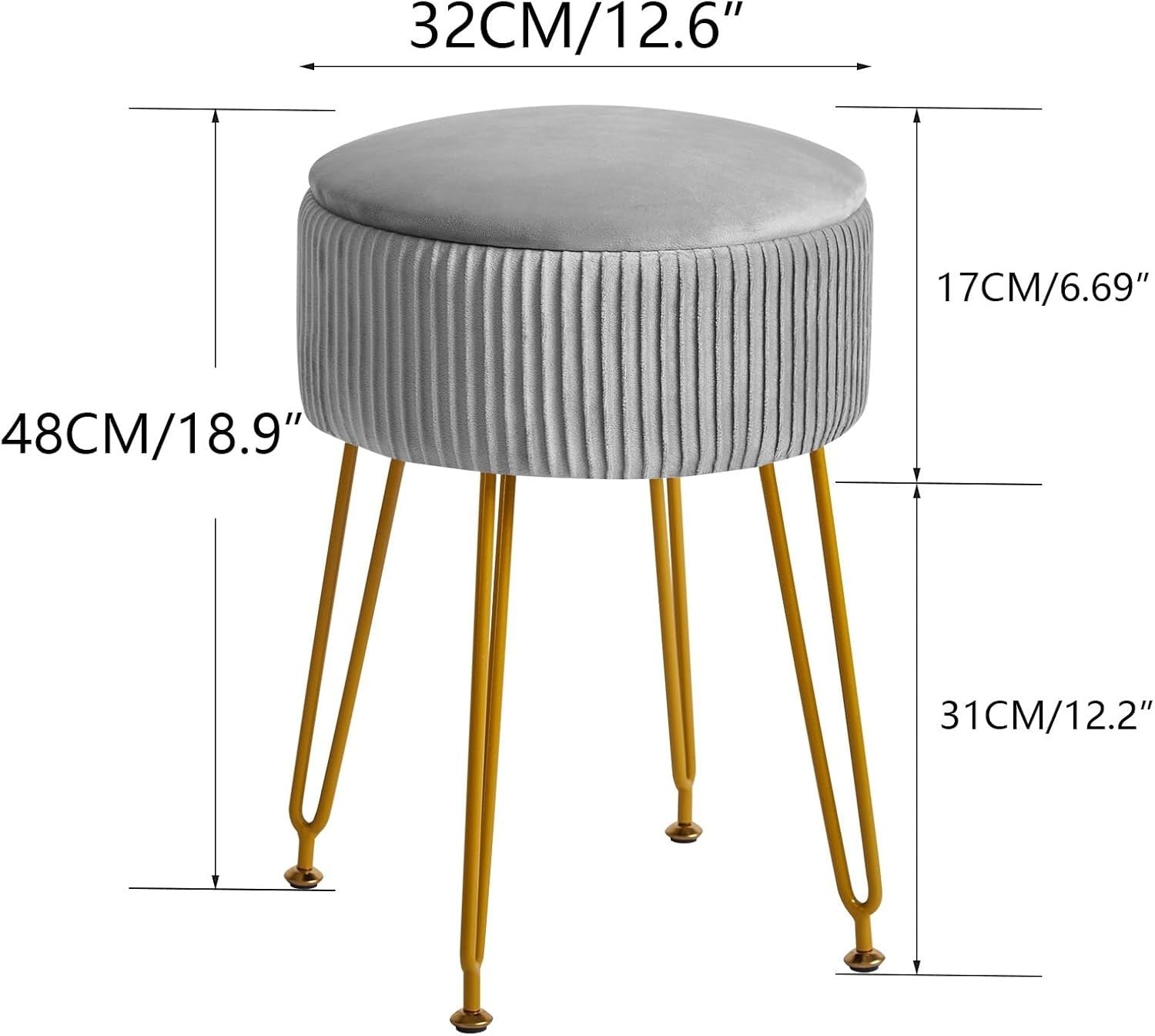 Grey Velvet Storage Footrest Ottoman – Round Vanity Stool with Gold Legs