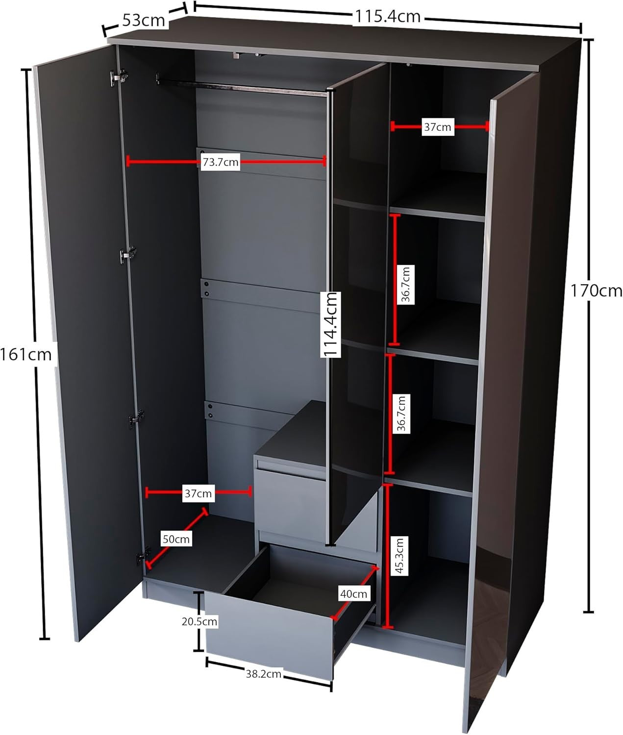 Modern 3 Door Grey Wardrobe with 2 Drawers Storage, Hanging Rail & Easy Setup