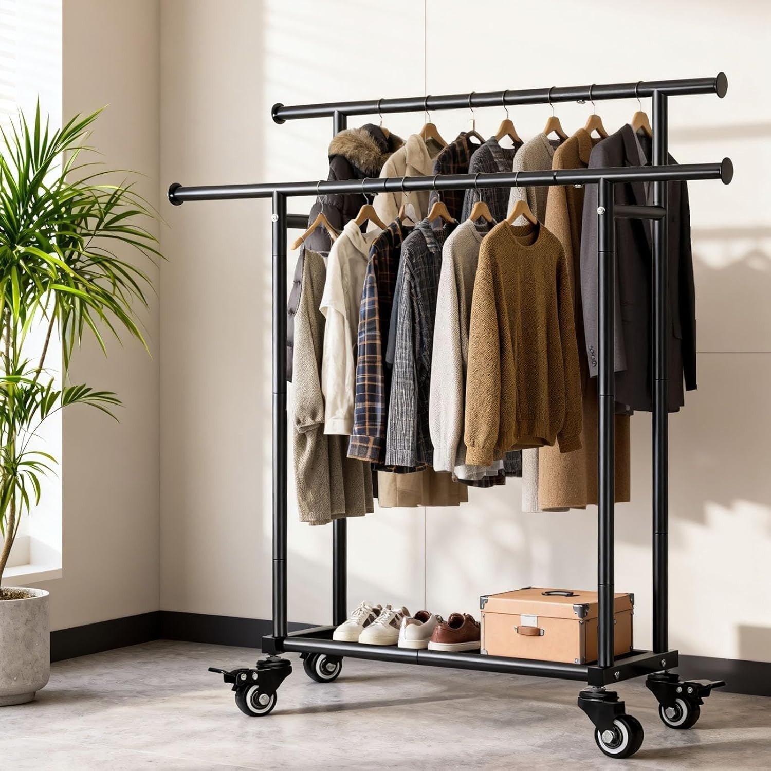 Heavy Duty Double Rail Clothes Rack with Wheels & Shelf – Black