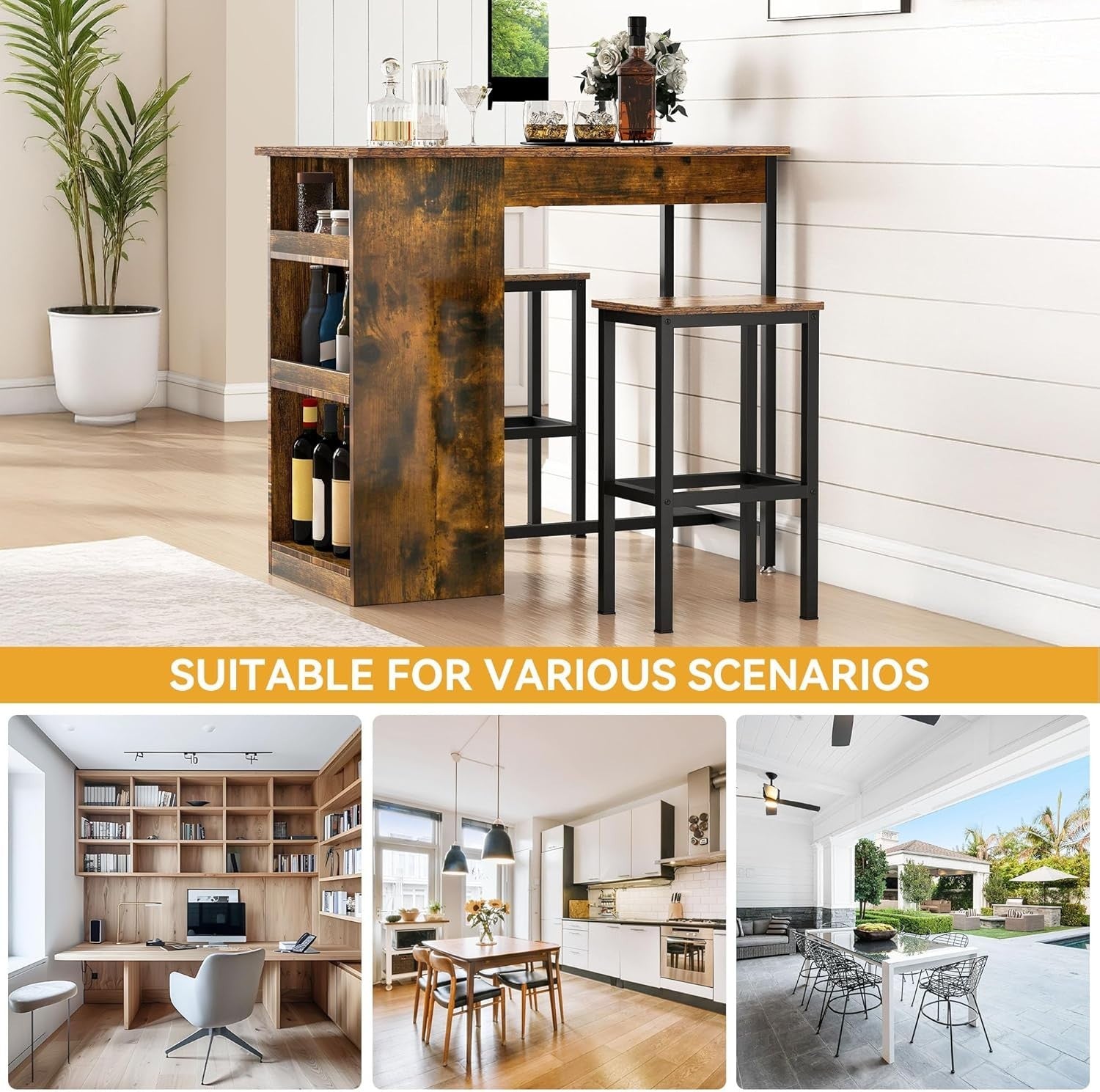 Rustic Brown Bar Table Set with 2 Stools Industrial Wood Top Storage Shelves