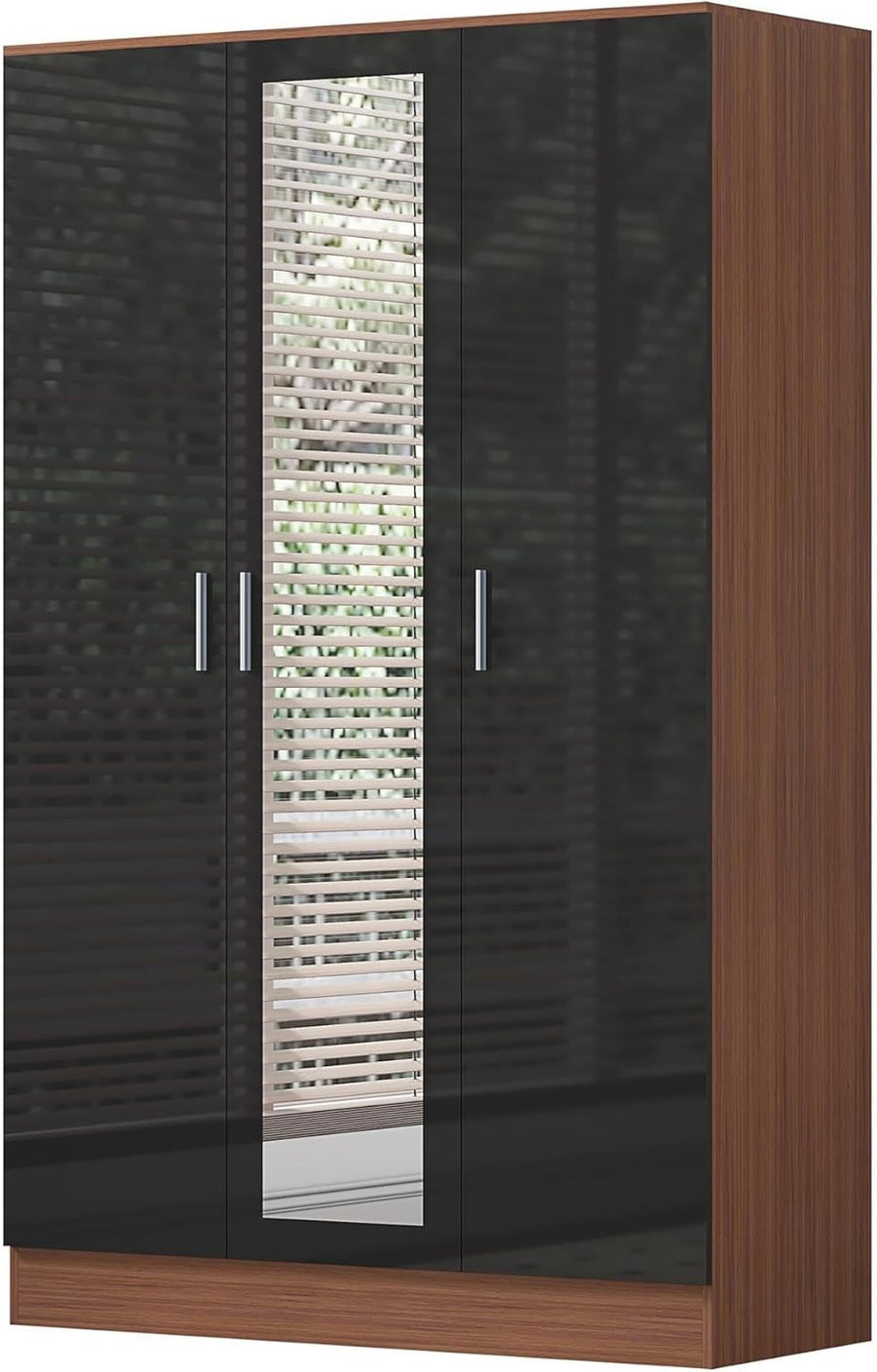 3 Door Mirrored Wardrobe Black Gloss & Walnut with Shelves & Hanging Rail