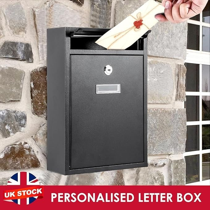 Lockable Wall Mounted Mailbox Black – Weatherproof Steel Post Box Outdoor Use