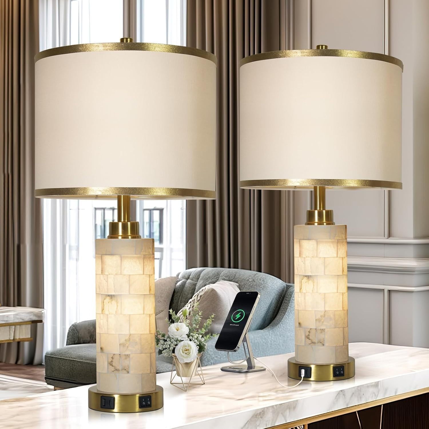 Set of 2 Natural Alabaster Table Lamps with USB Charging & Night Light