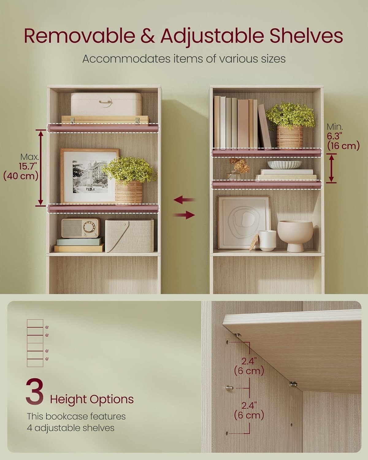 6 Tier Beige Wooden Bookcase Tall Storage Display Book Shelf for Living Room