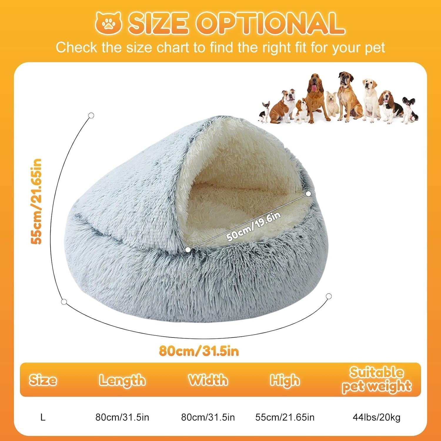 Large Calming Dog Cave Bed 80cm Hooded Washable Anti Anxiety