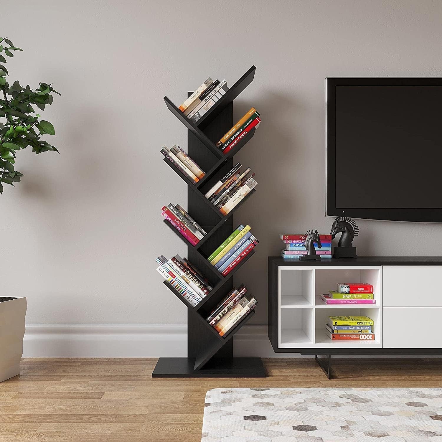 Tall Black Tree Bookshelf | 9-Tier Modern Space-Saving Bookcase for Living Room