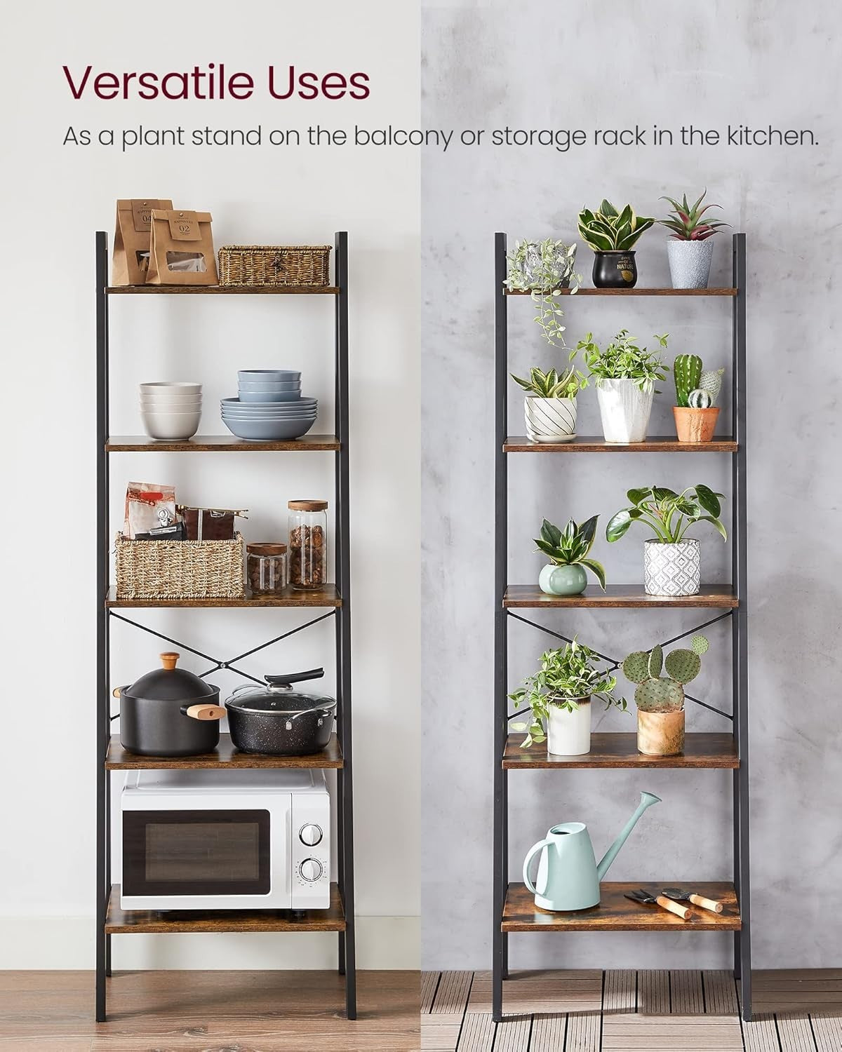 5-Tier Industrial Ladder Shelf Bookcase Storage Rack Rustic Brown 172cm