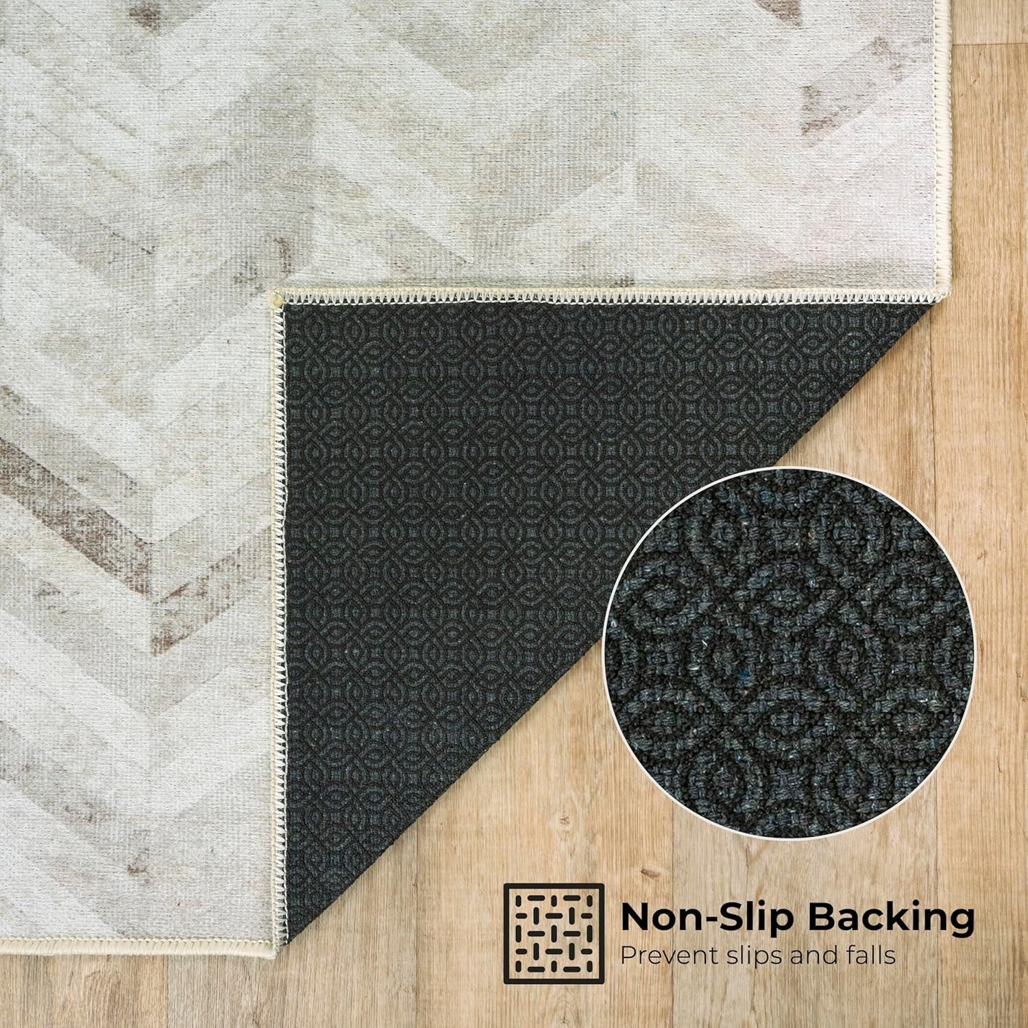 Washable Runner Rug 60x240cm Non-Slip Short Pile Cream Chevron Hallway Mat
