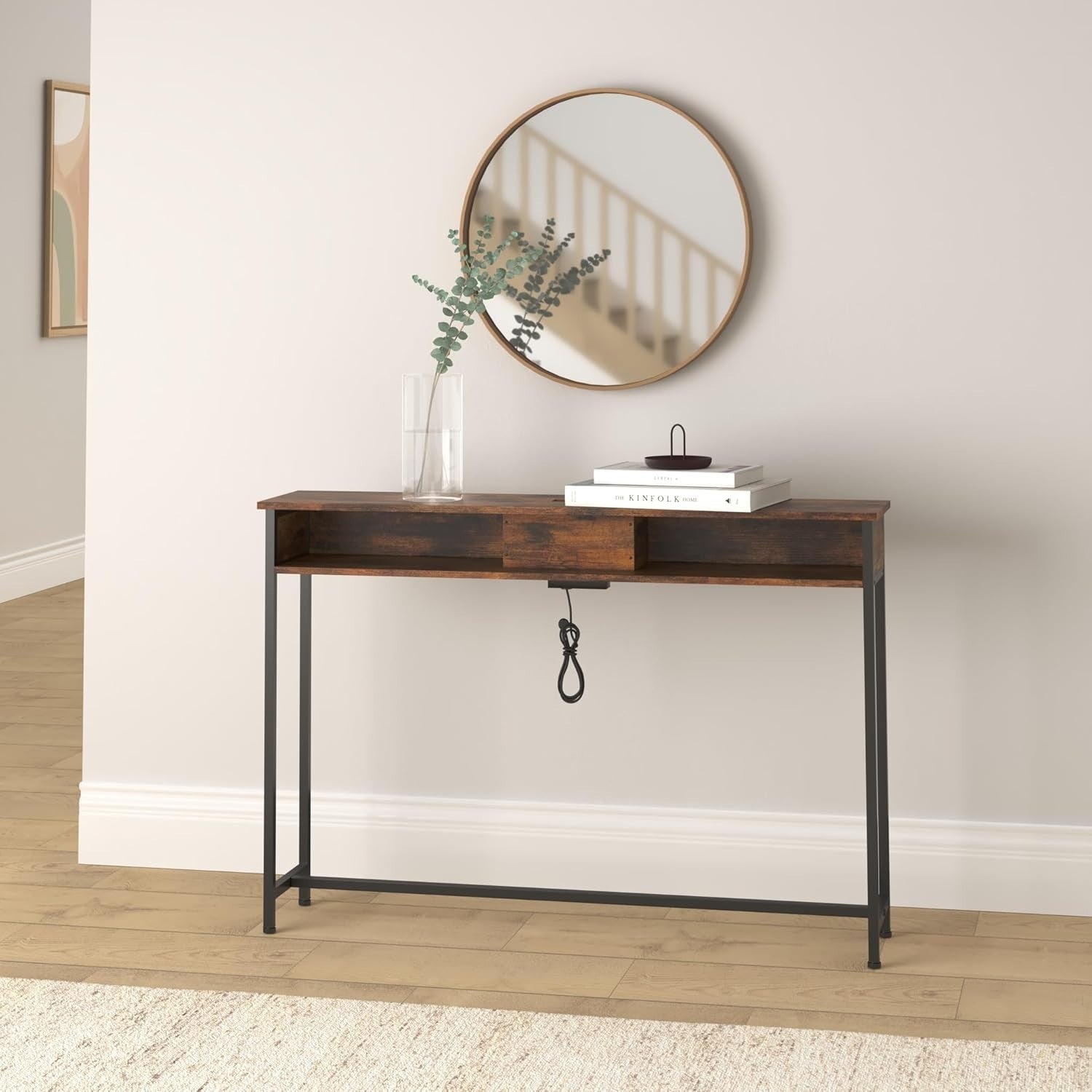 Slim Console Table with Charging Station, USB Ports, Rustic Brown, 120cm