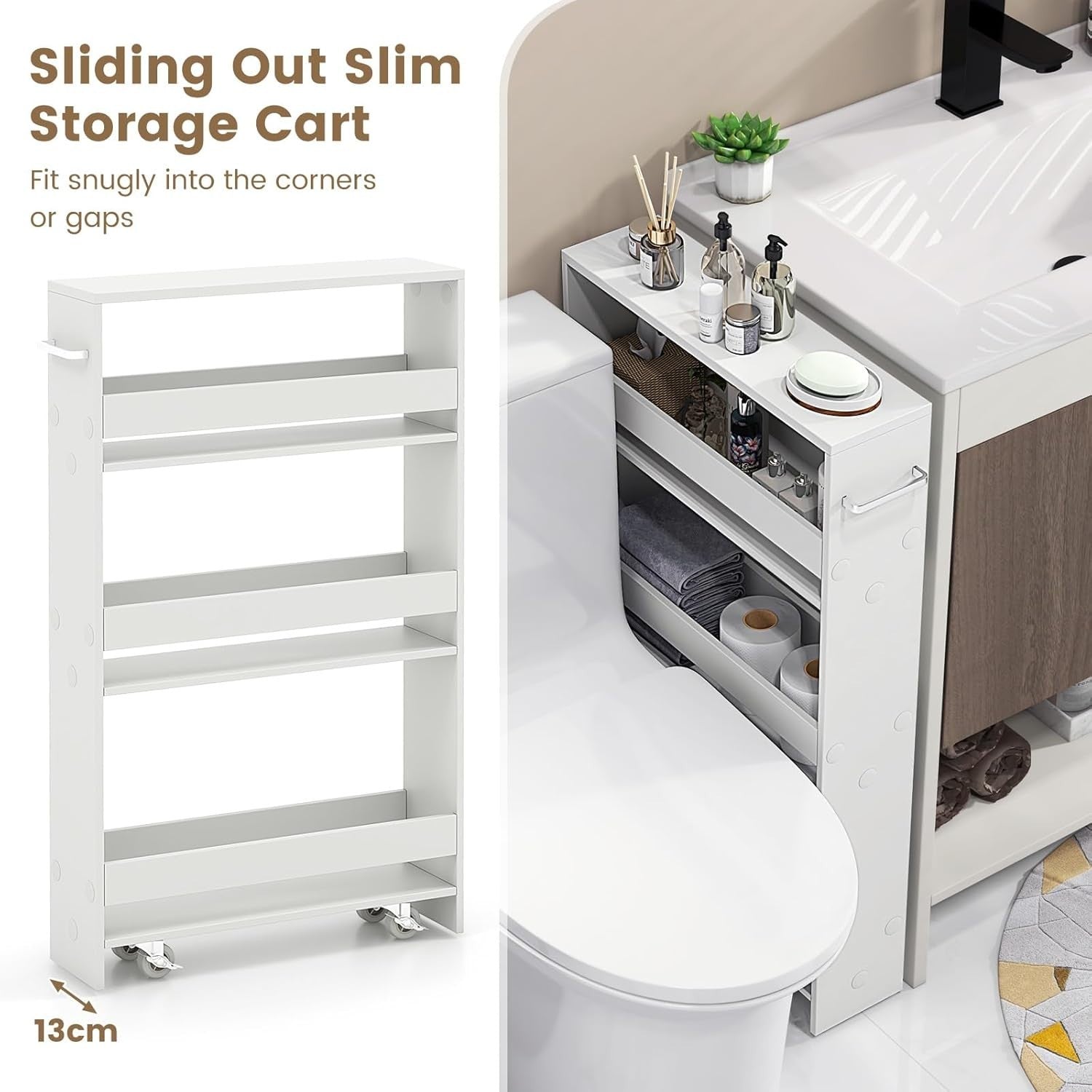 4 Tier Slim Storage Trolley Rolling Cart Narrow Kitchen Organizer White