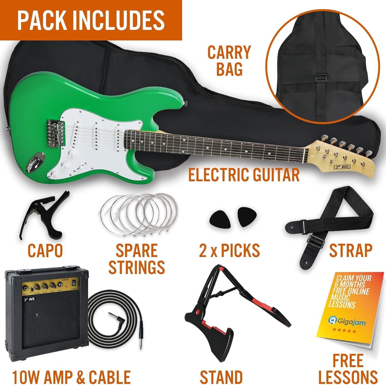 Full Size 4/4 Electric Guitar Starter Kit with 10W Amp Green