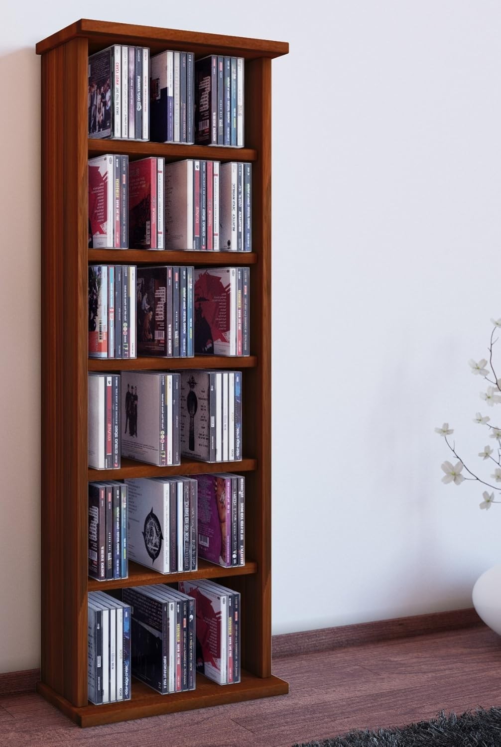 CD DVD Storage Tower Media Shelf Cabinet Holds 150 CDs 65 DVDs Walnut