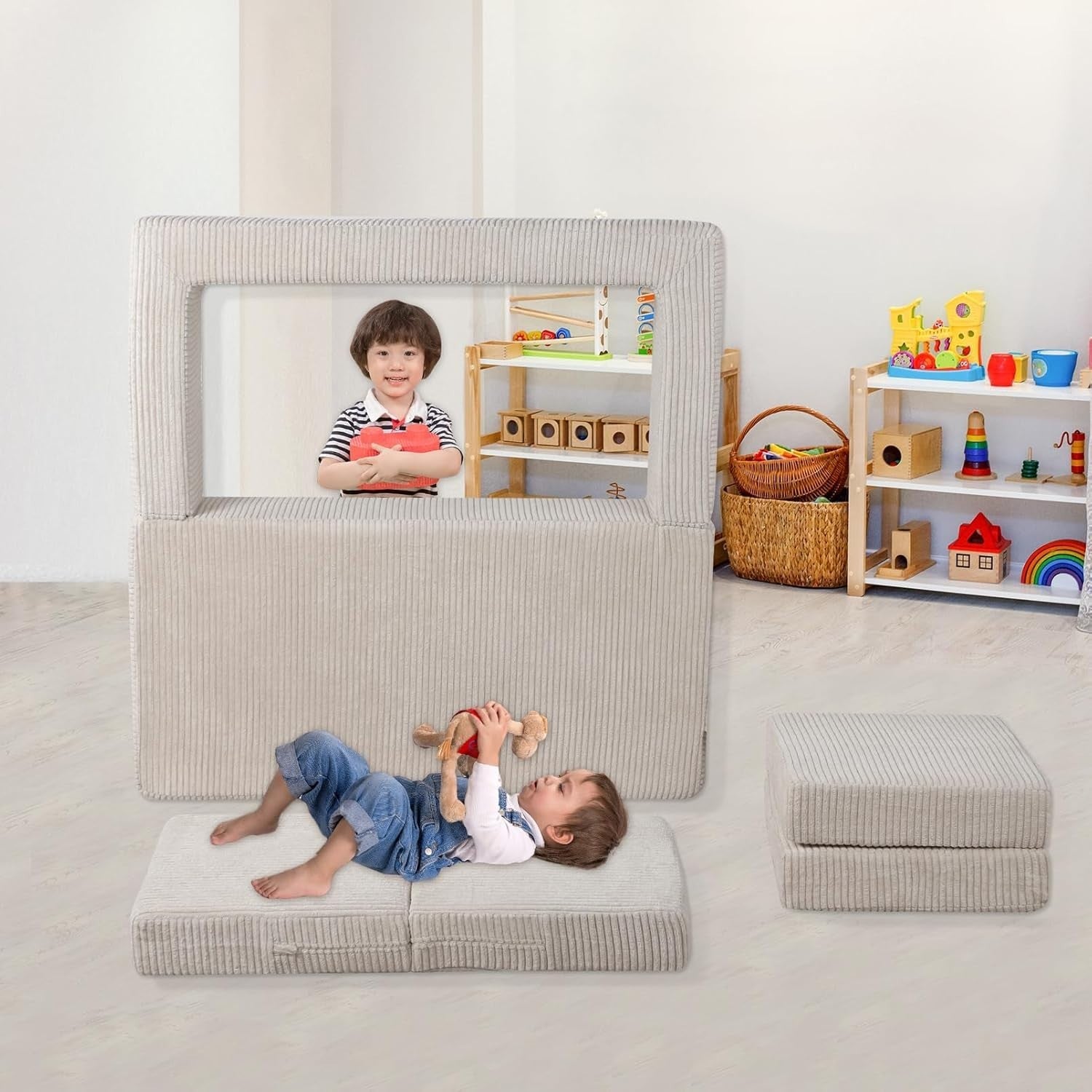 Ultra-Soft Kids Sofa Bed with Cushions, 2-Seater Foam Sofa for Toddlers Beige
