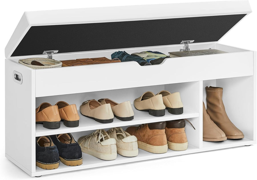 White Shoe Storage Bench with Cushion 3 Compartments Hidden Seat Shelves