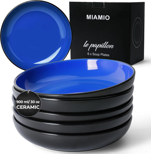 6x Large Pasta Soup Bowls 900ml Blue Stoneware Deep Salad Serving Bowls
