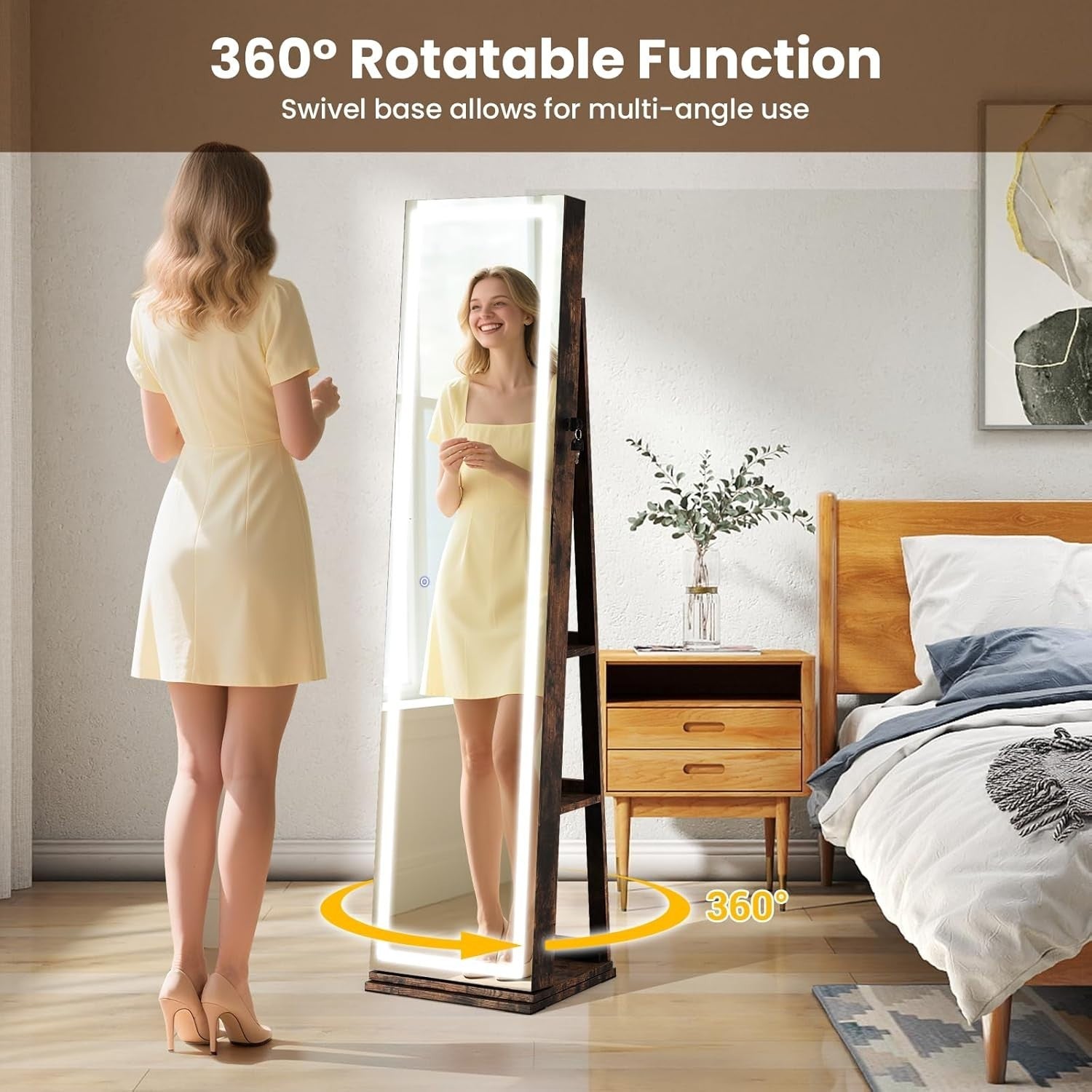 Rotating Jewelry Cabinet LED Mirror Lockable Freestanding Makeup Organizer