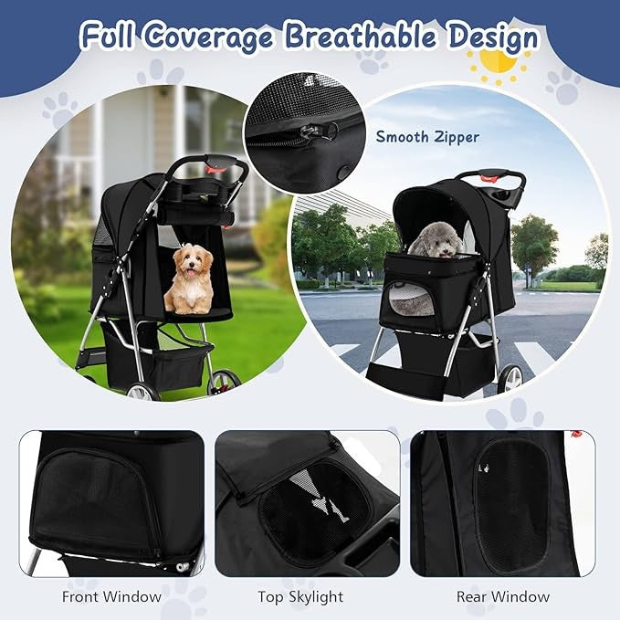 Pet Stroller Folding 4 Wheel Dog Cat Pushchair Travel Carrier with Safety Belt