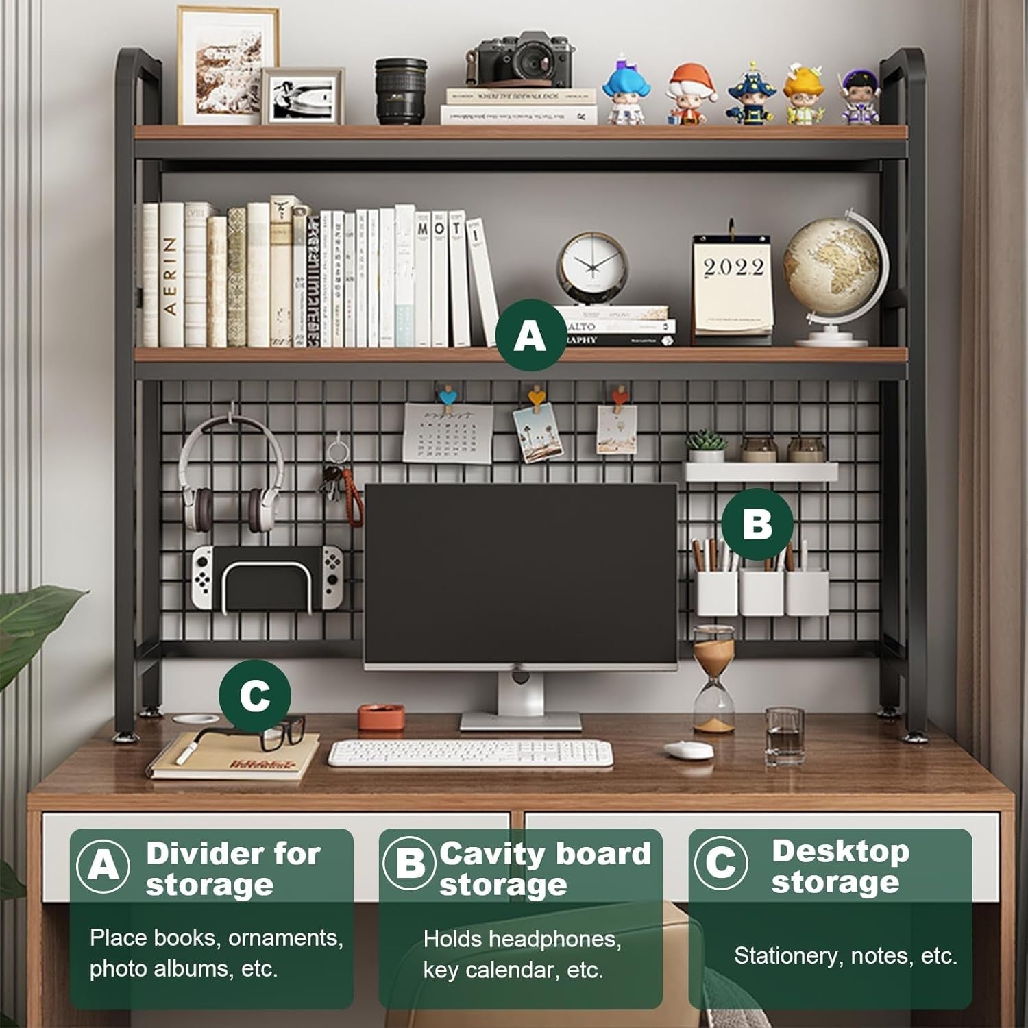 115cm 2-Tier Desktop Bookshelf Metal Wood Desk Hutch Organizer Storage Rack